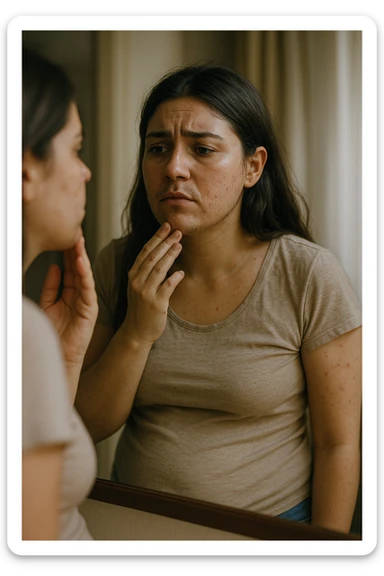 A realistic, cinematic portrait of a young woman in her late 20s standing in front of a mirror, visibly concerned while touching her chin and jawline where small dark facial hairs are noticeable, indicating hirsutism. Her skin appears oily, with a few cystic acne spots on her cheeks and jaw, and her dark hair is slightly greasy, indicating increased sebum production due to androgen excess. Her body shows mild abdominal bloating, and she looks at herself with a mix of frustration and sadness, capturing the emotional struggle linked to PCOS. The scene is set in a softly lit bedroom or bathroom with neutral daylight, with a clear mirror reflection to emphasize self-observation and discomfort. Style: realistic 35mm cinematic look, soft focus on her face and hair details, warm tones to keep it human and relatable sticker
