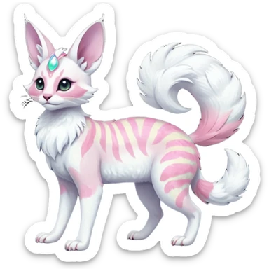 Colorful tropical pearly-albino-white iridescent glorious divine exotic cute cool beautiful shiny beautiful fantasy-Sylveon-caracal-civet-genet-sergal-vernid-Cacomistle-oncilla-animal-Fakémon-hybrid-fursona with tufted ears (full body) sticker