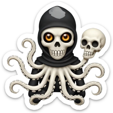 satanic octopus skeleton with scary evil eyes, wearing a black balaclava. 2 tentacles are each holding a skeleton bone sticker