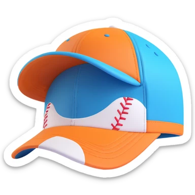 A baseball cap in a playful 3D cartoon style on a white background, 3D rendering, high resolution, bright colors, with a perspective composition, high saturation, prominent details, a floating effect, and a lively atmosphere, bottom view. sticker