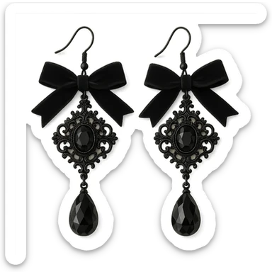 goth earrings with black velvet ribbon, victorian gothic style, elegant and soft sticker