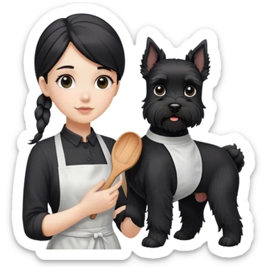 pale girl with long back hair wearing black long shirt wearing apron holding black  schnauzer sticker
