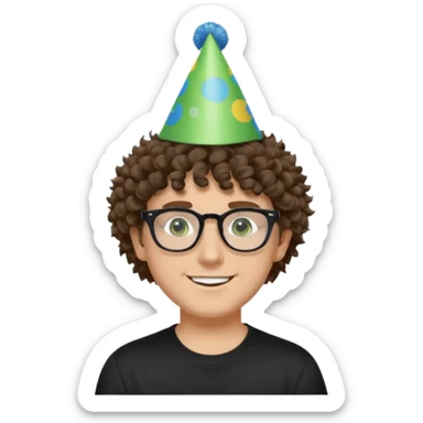 A white guy with curly brown hair and green eyes with a happy face, and wear square black glasses.He’s also got a full silver birthday party hat on his head with blue pom poms on top of it, and his T-shirt is all black, he wears a little gold circle earrings on his left  sticker