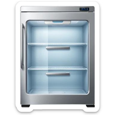 A refrigerator with a transparent front glass divided into three compartments, empty and unfilled. The refrigerator faces forward. It must be divided into three compartments and must have three drawers. sticker