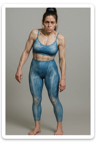 Donna in abbigliamento sportivo, postura asimmetrica, stile medico realistico, muscoli e ossa visibili, segni specifici di stress cronico: mascella serrata, spalle sollevate, rughe sulla fronte, occhiaie marcate, mani contratte, sfondo neutro, formato verticale. sticker