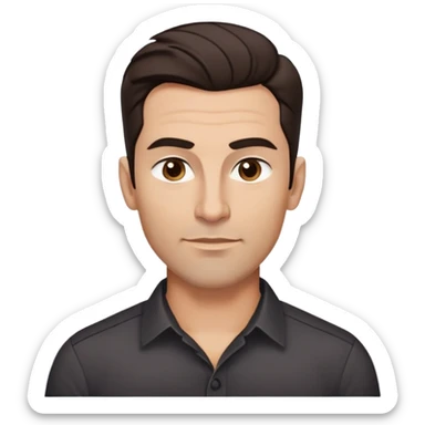 Youthful-looking athletic 40-year-old man with light brown skin, elongated face, defined jawline, attractive features, medium dark eyes, arched eyebrows, straight nose, confident expression, medium wavy dark hair with modern style, wearing a black buttoned-up shirt sticker