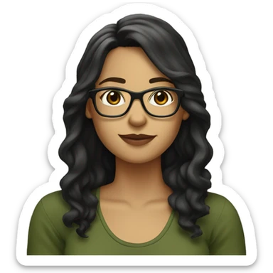 white skined woman with wavy long black hair with a olive green tank top with glasses tortoise  sticker