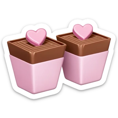 Two square milk chocolate pralines , sharp-edged glossy cubes placed diagonally side by side, each sitting in a small white fluted paper candy cup.
Flat thin pastel pink heart icing centered on top with fine sugar crystal sparkle, clean studio product lighting,  sticker