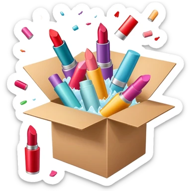 cardboard box bursting open with lipsticks, shampoo, and nail polish flying out sticker