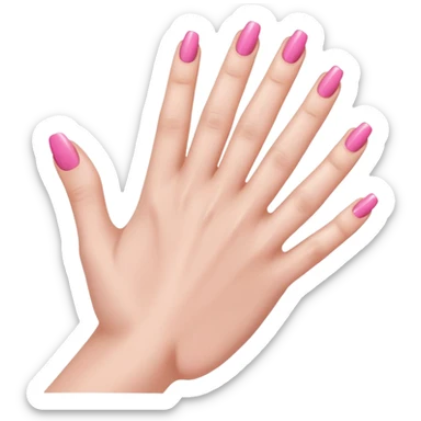  pink  close-up of a human hand with exactly five fingers, beautifully manicured nails, glossy pink nail polish, elegant nail shape, soft lighting, realistic style, isolated on transparent background" sticker