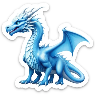 Cinematic Noble very elegant Ice Dragon full body  Emoji, Poised and imposing, distinct long elegant snout, with a slender, scaled body shimmering in glacial hues of icy blue, frostbitten silver, and crystalline white, breathing out frost, with piercing, glowing ice blue white eyes that radiate the chilling depths of an arctic storm; rendered in detail. excuding wisdom sticker