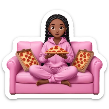 A dark-brown-skinned Black woman with black box braids, sitting on a pink couch, holding an open pizza box.She’s wearing comfy loungewear, looking relaxed and enjoying her food. sticker