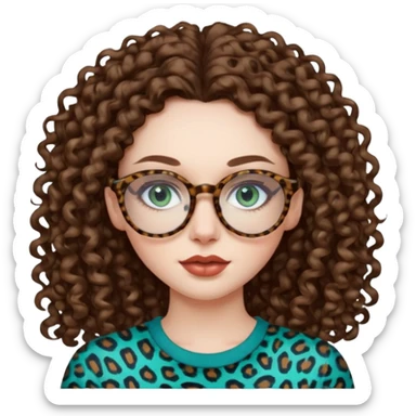 a blue green eyed woman with very long brunette curly hair, full lips,and pale skin. She is wearing a leopard printed thin round-ish glasses . She is wearing a brown top. sticker