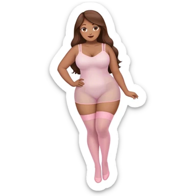 curvy brown long hair and brown eyes, intimate bending over sfw light pink nylon stocking pose sticker