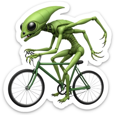 insectoid alien riding a bicycle, bug-like eyes, segmented limbs, strange but fun cycling pose, sci-fi creature vibe, 3D cartoon, mobile game icon style, clean background, no text, no watermark
 sticker