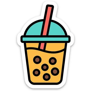 colorful outlined icon of a boba tea cup with straw and pearls sticker