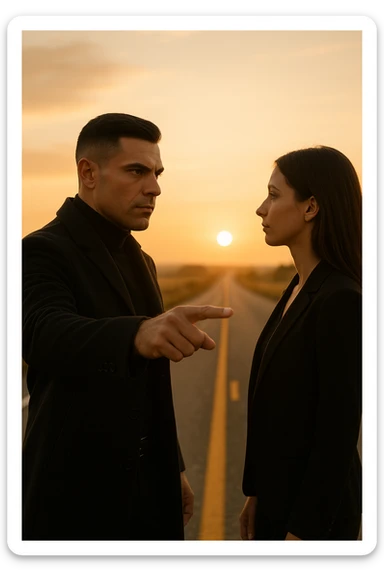 Cinematic photo of a confident man giving clear direction to a woman, standing in front of her with a firm but calm expression, pointing forward as if showing her the path to follow. The man is dressed in a dark jacket, embodying the role of a commander, while the woman looks at him attentively, ready to follow. The setting is an open road at sunrise with soft golden light, symbolizing new beginnings and leadership. Shot from a side angle, capturing both profiles with a clear view of his guiding gesture. sticker