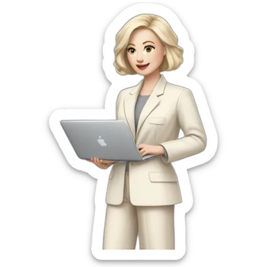 pale skin woman with ash blonde Straightened bob Hair, White Spacious classical jacket, beige palazzo Arrow pants and gray blouse holding a MacBook in the hands sticker