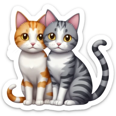 full body colourful light patched calico + white tabby cat cuddling a bigger cat that is dark grey and white tabby cat  and they are in love sticker