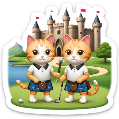 two cats in love playing golf in Scotland, wearing kilts, with a famous Scottish castle in the background sticker