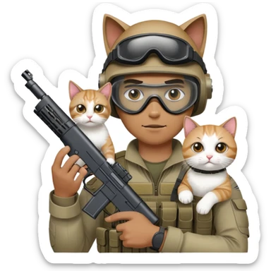 Man in tactical airsoft gear wearing protective goggles on face, holding a gun in one hand and a white and brown cat in the other hand sticker