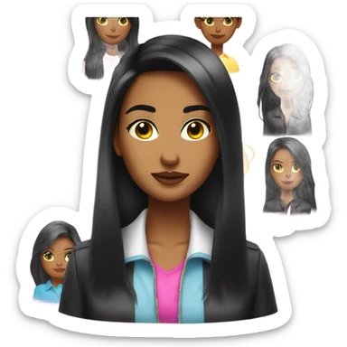 Tanned woman with long black hair dressed in Y2K preppy hair, makeup, and neon attire sticker