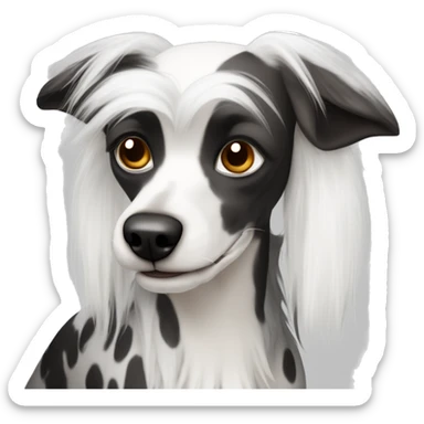 Chinese Crested Dog with white fur and black spots on white skin. Luscious head fur, furnishings on the legs and full fur tail sticker