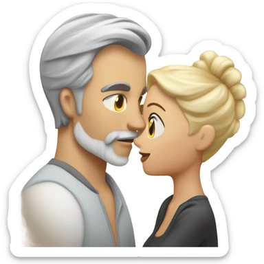 Handsome greying man with long hair in a tail and beard kissing blond athletic woman with pixie cut sticker