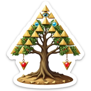 Annunaki tree from Garden of eden, that is actually a ancient tech antenna with illuminati all seeing eye in traingle symbol at the top and with little pyramids hanging like apples sticker