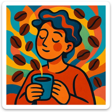 a person with coffee beans swirling around, dreamy expression, artistic style sticker