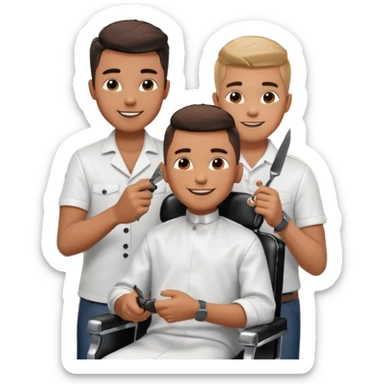 Barber cutting boys hair. Show the boy sat in black barber chair and both having smiles on their faces sticker