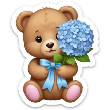 light brown teddy bear super cute holding a light pink and light blue bouquet of hydrangeas sticker
