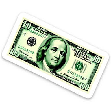 3D realistic US 100 dollar bill sticker, slight perspective, centered, clean cutout, transparent background, no text, no watermark sticker