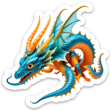 This creature is a fascinating hybrid of dragon and cephalopod features. Its body has a sleek, scaled blue torso resembling a dragon, but instead of hind legs, it has six powerful orange tentacles with light-colored suction cups. The creature has a dragon-like head with a teal/turquoise coloration and subtle circular patterns, featuring large, intelligent yellow-orange eyes. Two draconic horns curve from its head, and it has a short snout with a slight smile. Along its back runs a line of orange-gold spines, and it possesses two impressive wings with light blue membranes supported by orange spines in a sunburst pattern. The creature has two draconic front limbs with sharp claws, while its tentacles provide both mobility and grasping ability. The striking contrast between the blue-teal upper body and vibrant orange tentacles and accents creates a visually stunning aquatic dragon-octopus hybrid. sticker