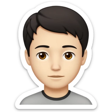 A young man with light skin tone, short wavy black hair parted to the side, large brown eyes, and a neutral expression with a small closed-mouth smile. sticker