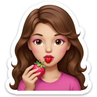 girl with long wavy brown hair, brown eyes, light to medium complexion, in a pink shirt, pink lips, long lashes, sexy , puckering lips kissing, blushing, eating a strawberry sexy sticker