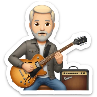 a short grey hair, with long side beard chop, middle age metal head with a classic epiphone eletric guitar sticker