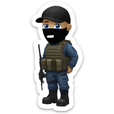 male, pale skin, call of duty black face mask, camo tactical gear, combat boots, black beanie, blue eyes sticker