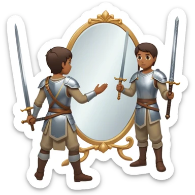 A person standing in front of a mirror, looking at their own reflection, while a sword on the ground beside them. The mirror represents self-awareness and acceptance sticker