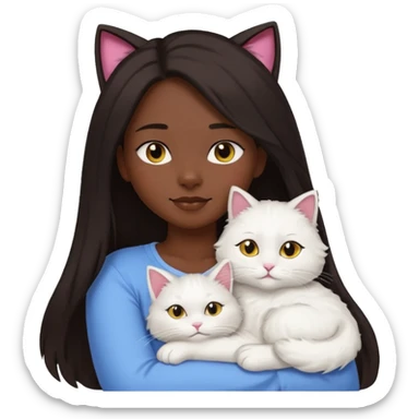 a girl with long dark hair and a white fluffy cat lying on her left shoulder and neck, emoji style, suitable for Discord and Slack sharing sticker