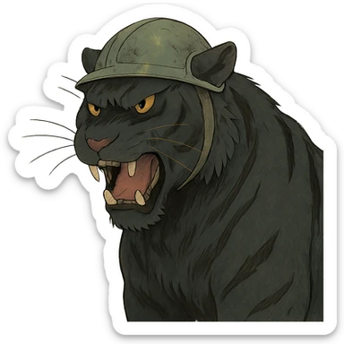 ghibli style illustration of a big black tiger, angry, wearing a helmet sticker