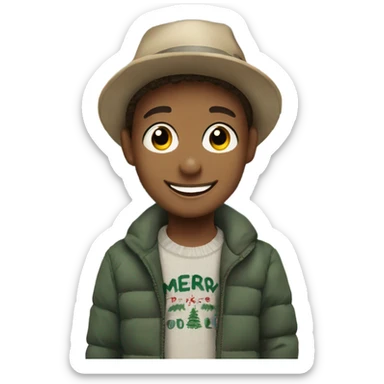 smiling boys outdoors in hats Christmas trees in background with merry Christmas sign sticker