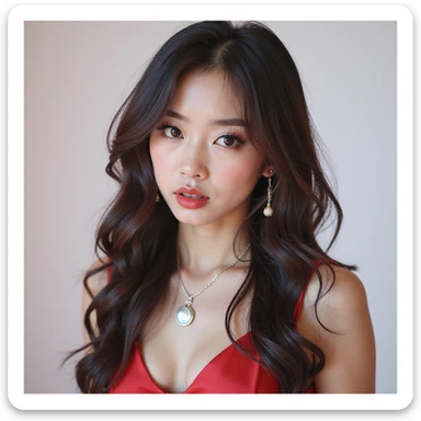 realistic portrait of a K-pop idol inspired by Blackpink, photorealistic style, glamorous makeup, fashionable outfit, energetic expression sticker