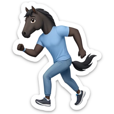 friendly anthropomorphised black stallion in jeans and a t-shirt, jogging upright in standard pose sticker