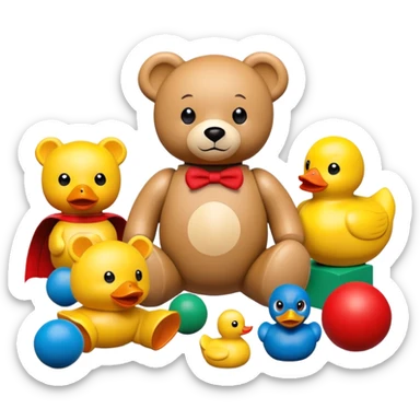 colorful children's toys scattered - teddy bear, yellow duck, wooden blocks, red ball, superhero figure sticker