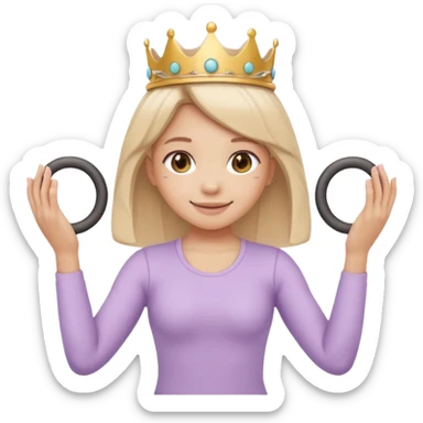 Cute emoji sticker of a girl holding a Pilates ring (magic circle) with both hands, squeezing it. She is smiling, wearing a tiny crown and beige activewear. Pastel accents, kawaii style, clean white outline, transparent background. sticker
