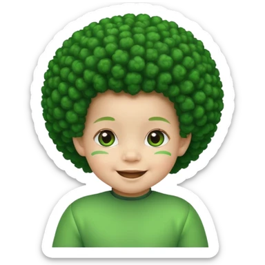 a smiling baby with bright green skin and  a big afro sticker