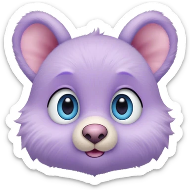 A creature with pastel purple fur and large pixar blue eyes and very small ears like a teddy bear. The nose is just a circle and very small pink. The base around the eyes, nose and mouth is white, with a blush. sticker