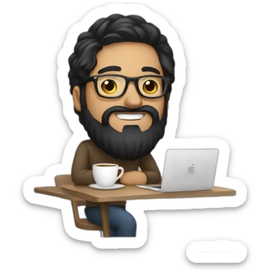 Designer with black hair, beard and glasses working with MacBook and drinking cappuccino  sticker