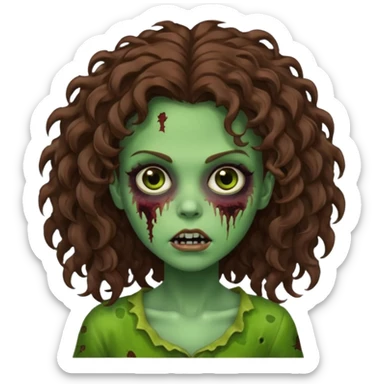 Faça uma garota zombie de cabelo cacheado castanho, olhos castanhos escuro e pele verde d zombie, com o cabelo grande sticker